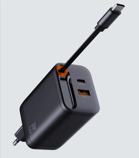 VoltWay Socket 67W 2 Ports USB A+C Travel Charger with Retractable Cable
