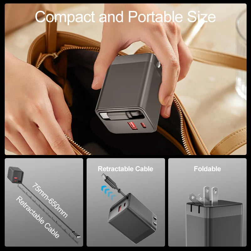 VoltWay Socket 67W 2 Ports USB A+C Travel Charger with Retractable Cable