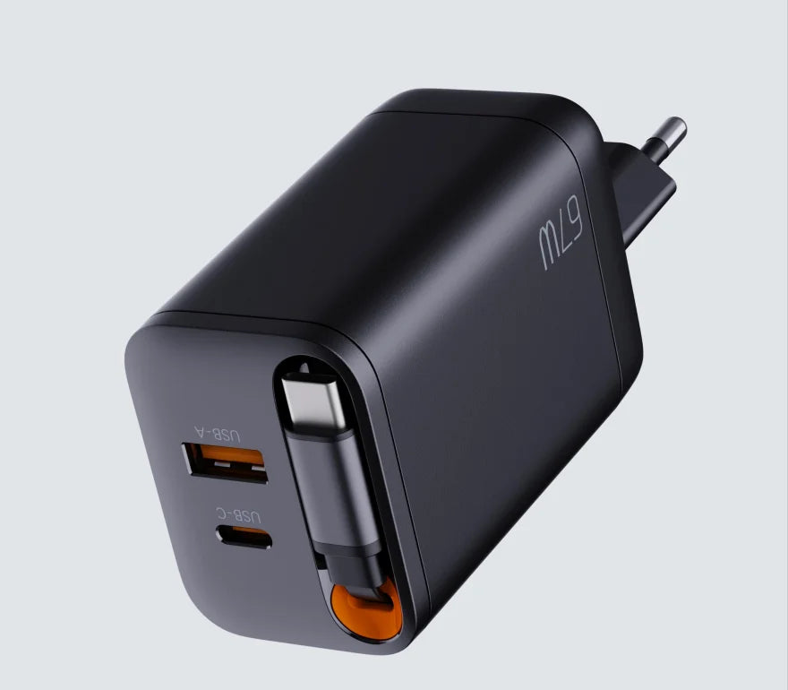 VoltWay Socket 67W 2 Ports USB A+C Travel Charger with Retractable Cable