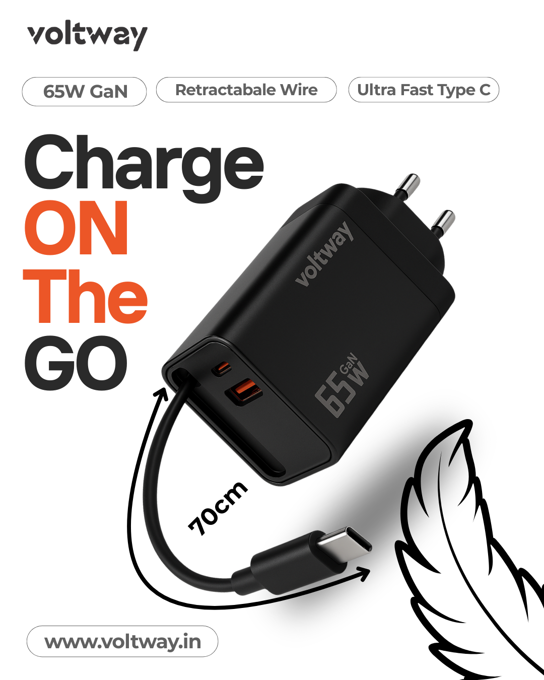 VoltWay Built-in retractable wire Smart 65W Fast Charger™